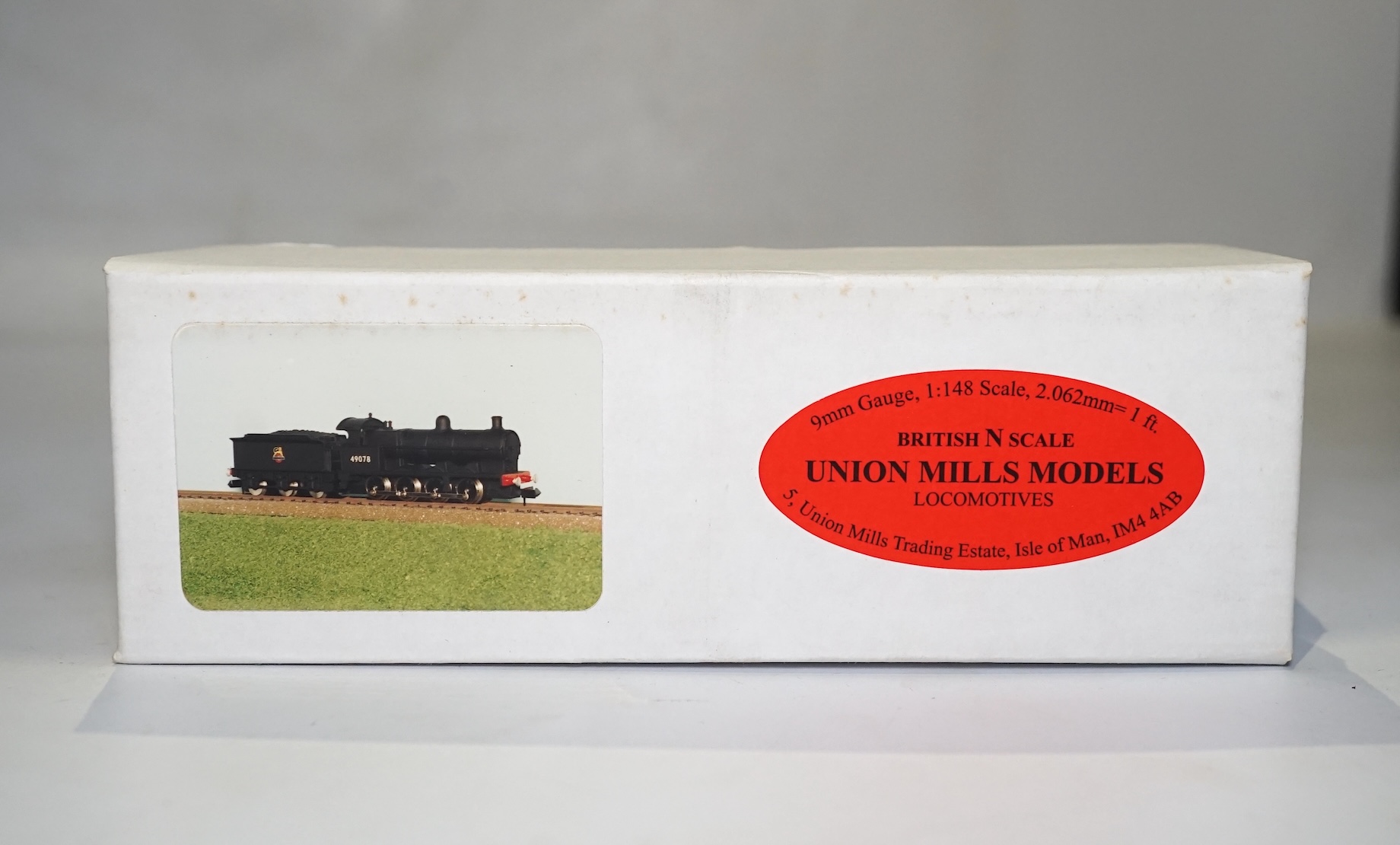 Three boxed Union Mills Models N gauge railway BR locomotives; a Class G2, 49078, a Class D20, 62395, and a Class 2P, 40323. Condition - good.